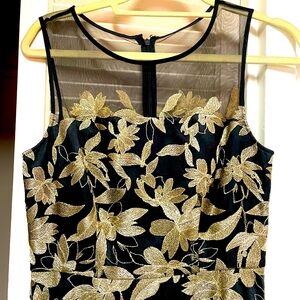 BLACK AND GOLD EMBROIDERED EVENING DRESS ZIP BACK 2 SLIPS SILK W FLOWING BOTTOM